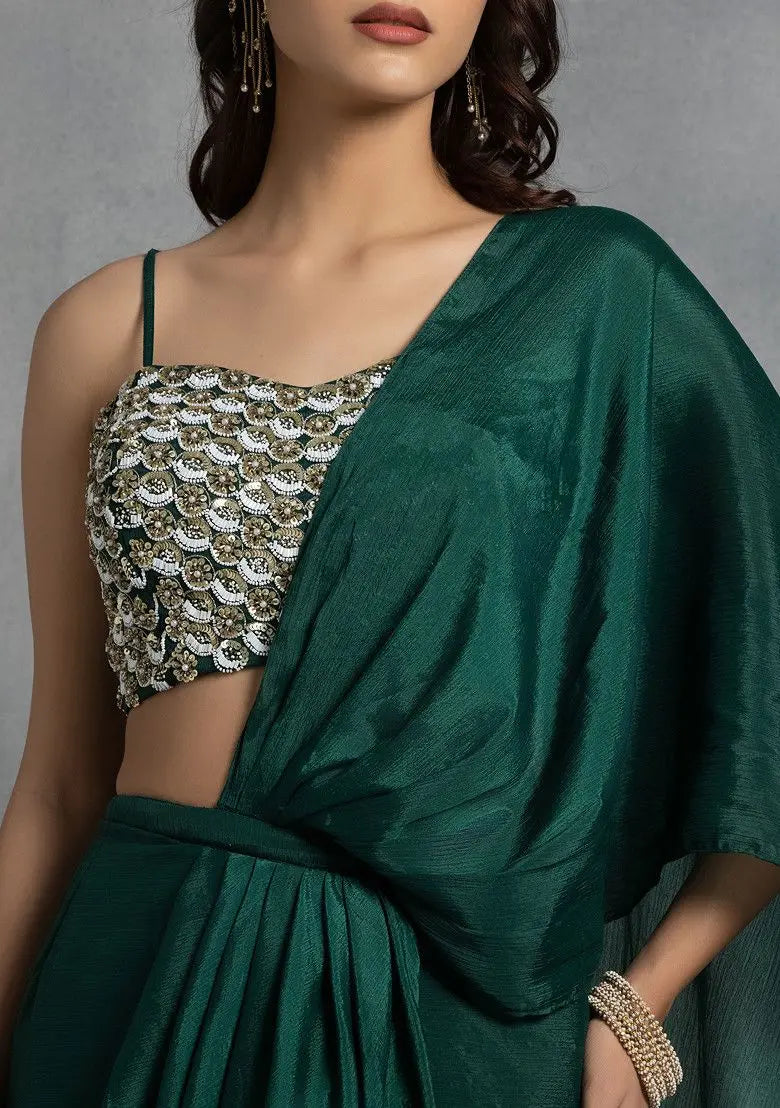 Green Pre-Stitched Saree Set With Abstract Sequin Bead Hand Embroidered Blouse Pehenawa