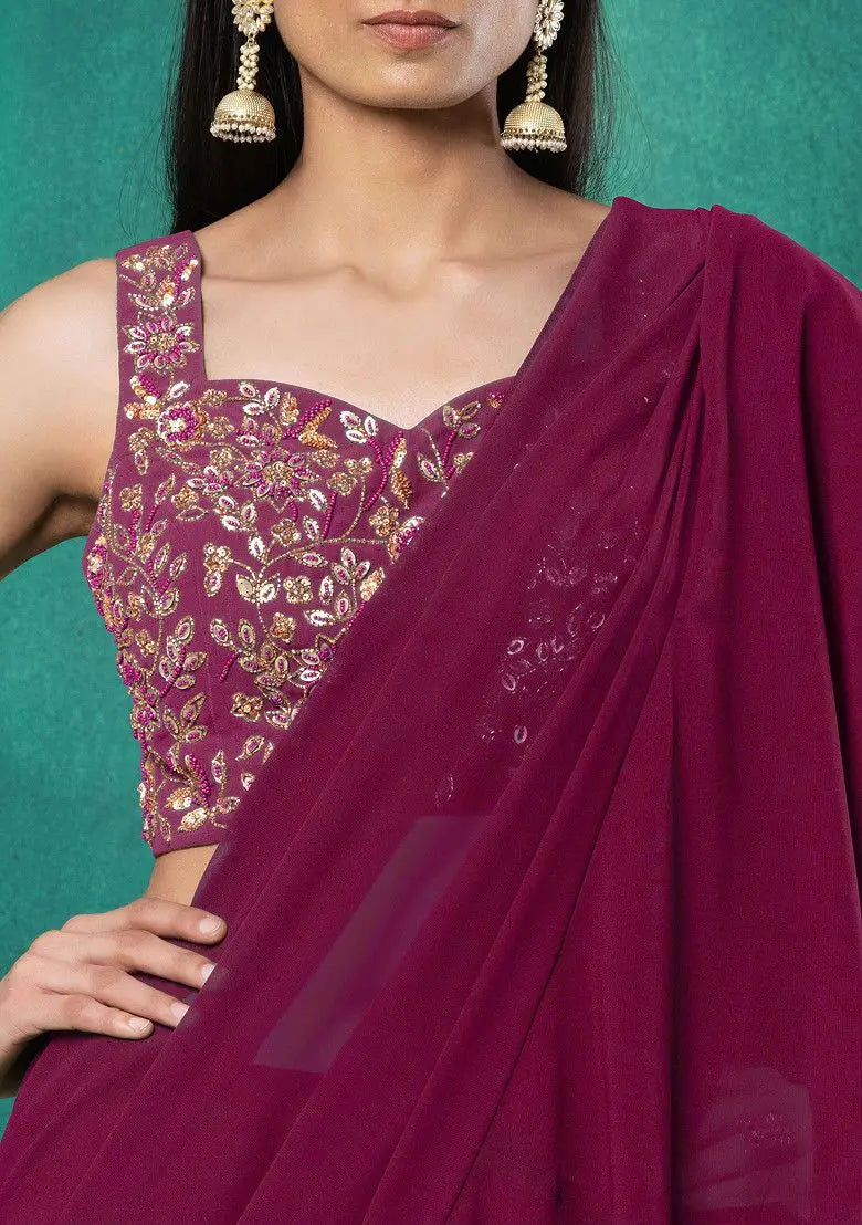 Dark Pink Ruffled Pre-Stitched Saree Set With Sequin Leaf Hand Embroidered Blouse Pehenawa