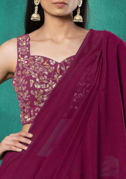 Dark Pink Ruffled Pre-Stitched Saree Set With Sequin Leaf Hand Embroidered Blouse Pehenawa