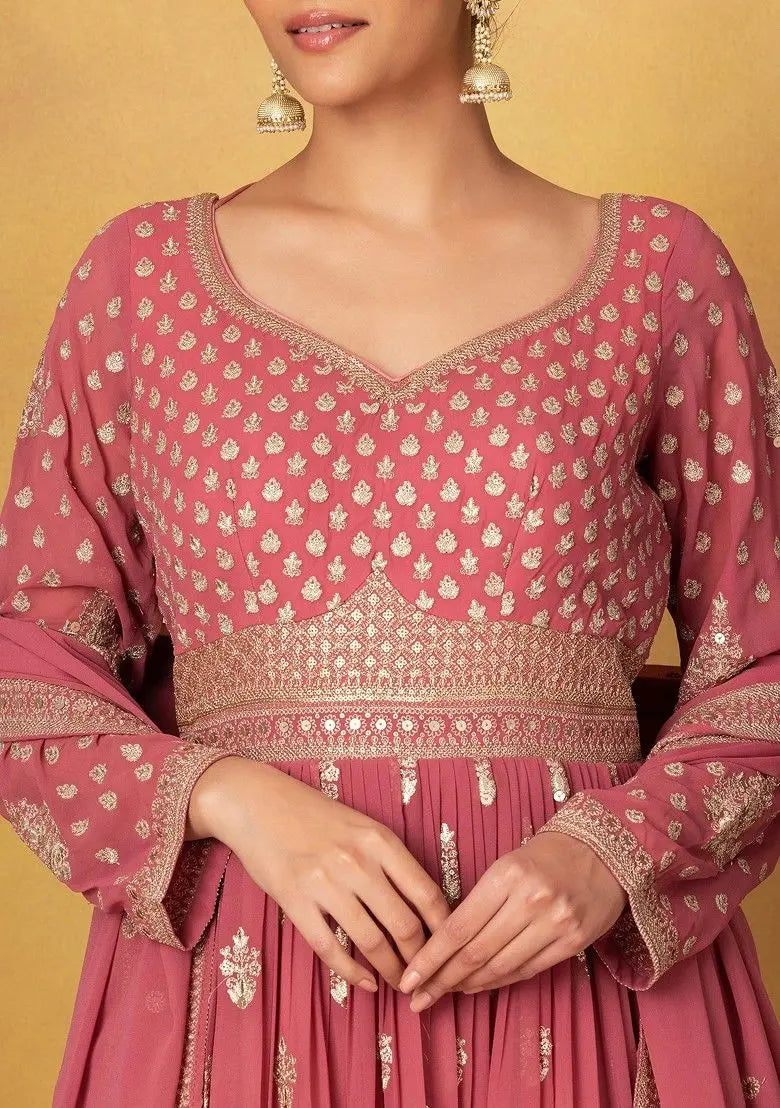 Pink Floral Sequin Embellished Anarkali Gown With Dupatta Pehenawa