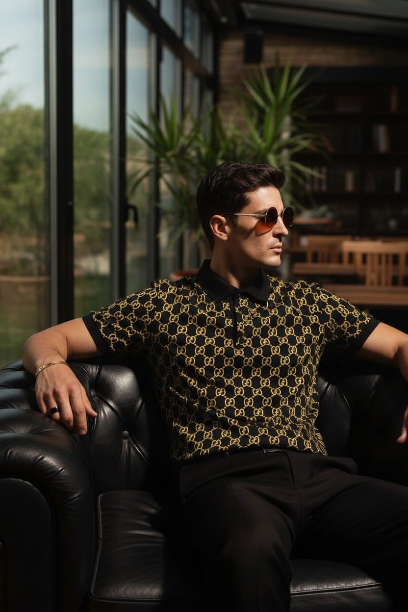 GUCCI GOLD PRINT ALL OVER IMPORTED TSHIRT - SET OF 20 PCS (M L XL XXL) x Rs.495
