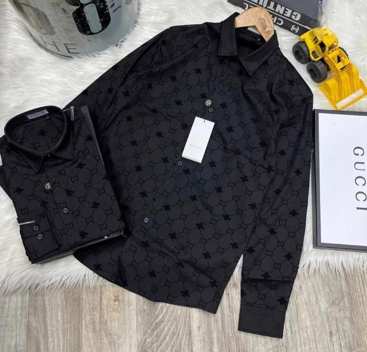 GG ALL OVER FLOCK SHIRT - SET OF 8 PCS ( M L XL XXL )  x Rs. 495
