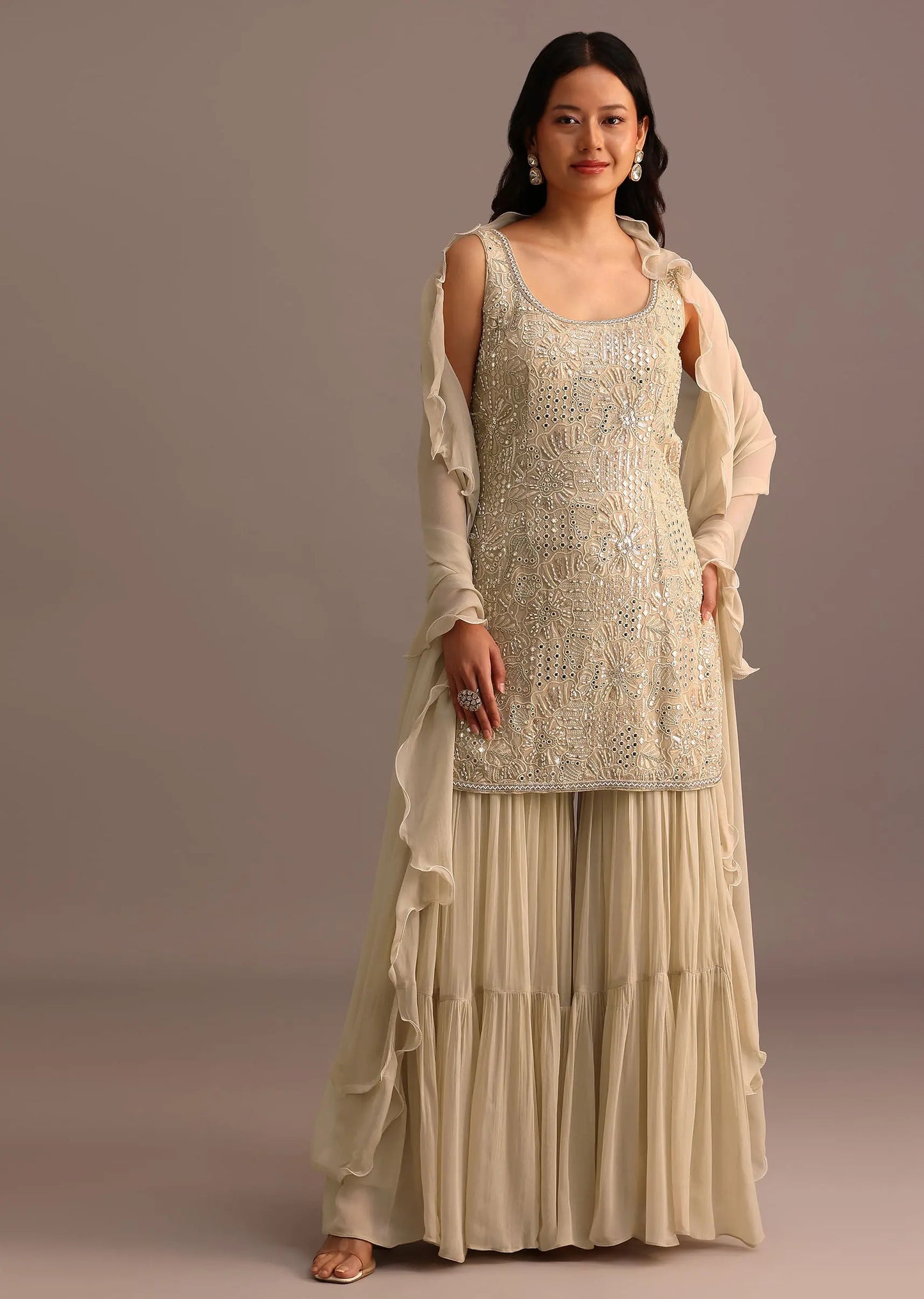 Beige Embroidered Sharara Set With Dupatta Pehenawa