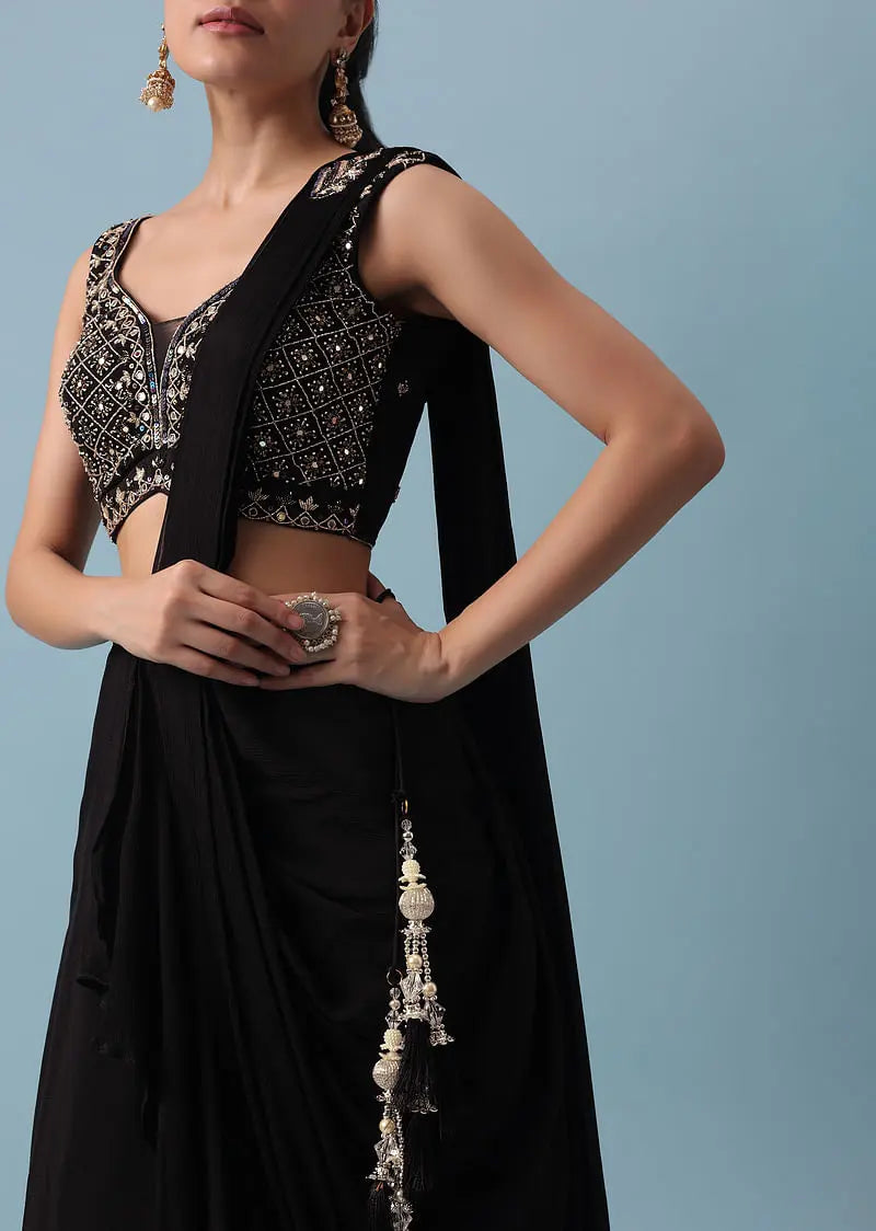 Black Lehenga Set with Attached Dupatta And Mirror Work Pehenawa