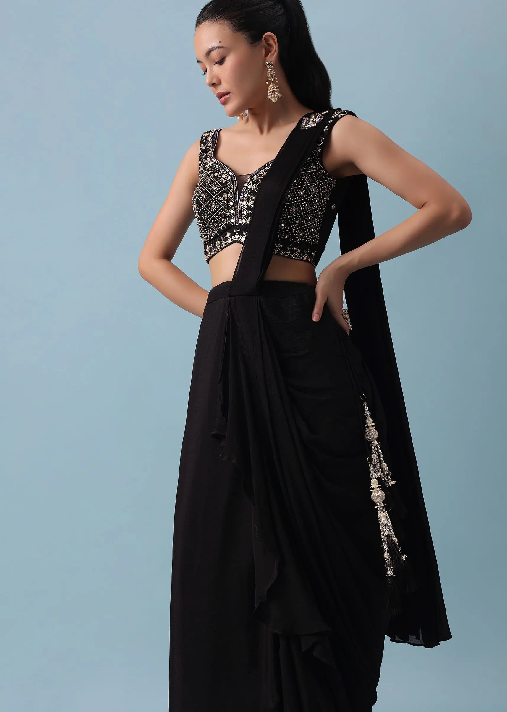 Black Lehenga Set with Attached Dupatta And Mirror Work Pehenawa