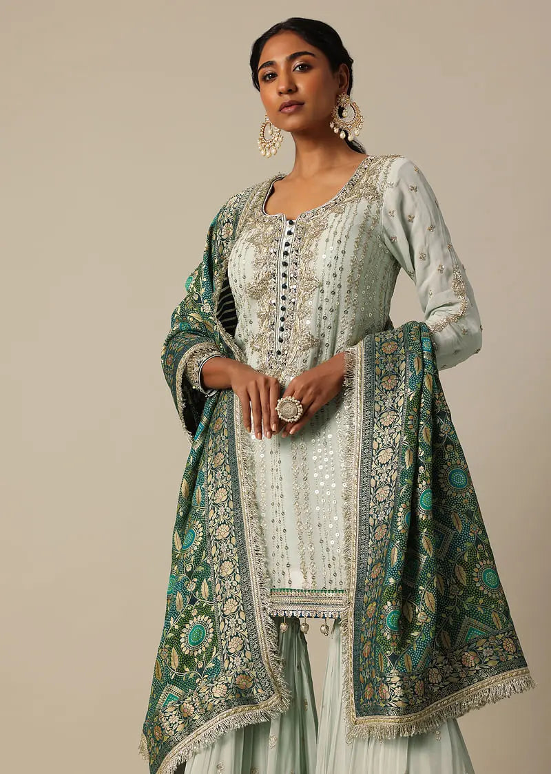 Blue Kurta Sharara Set With Mirror Work Pehenawa