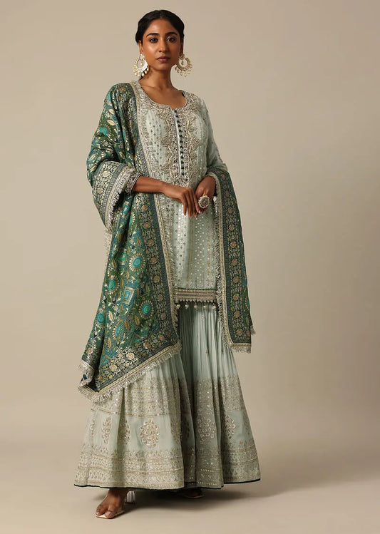 Blue Kurta Sharara Set With Mirror Work Pehenawa