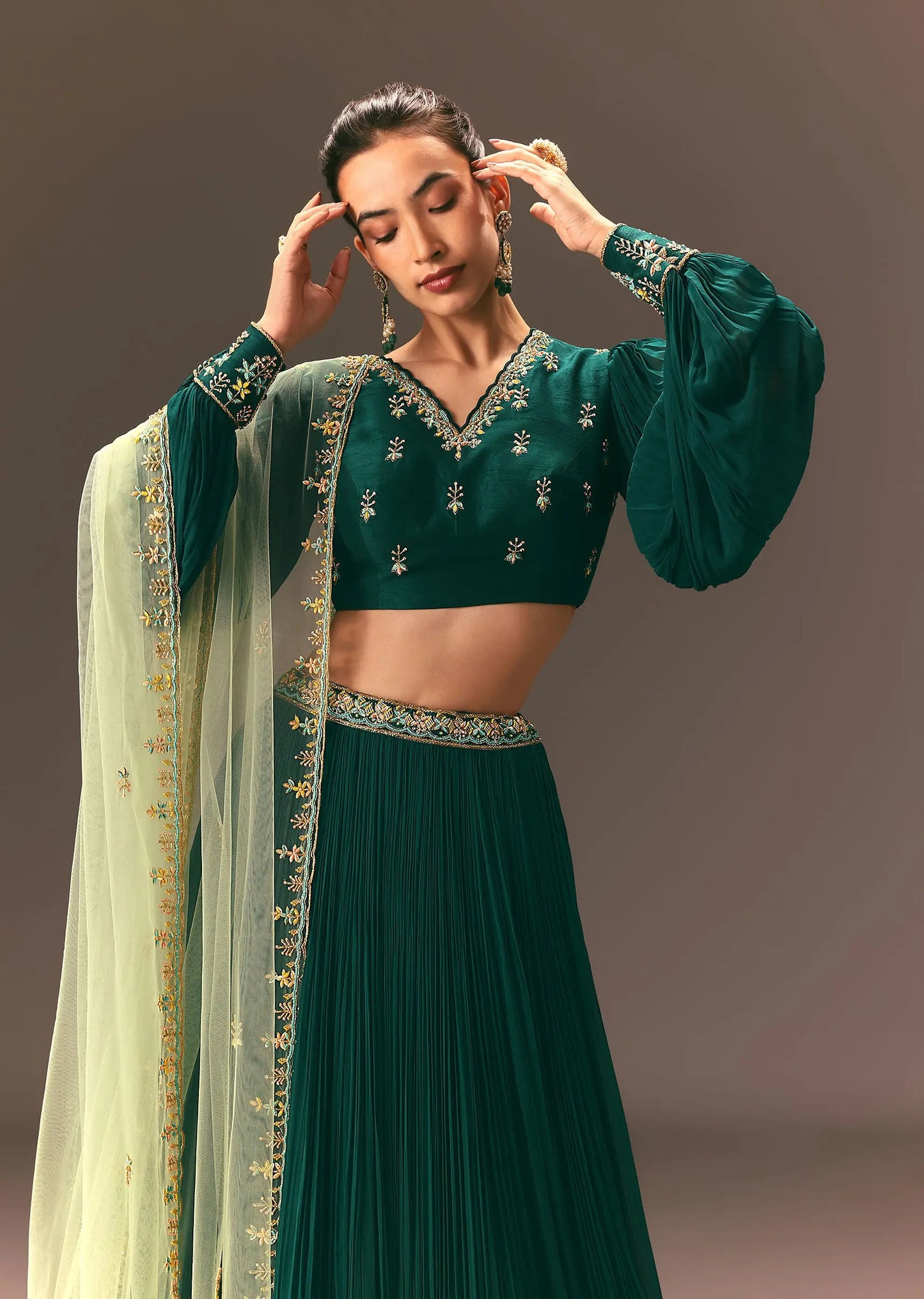 Bottle Green Embellished Ruched Lehenga Set Pehenawa