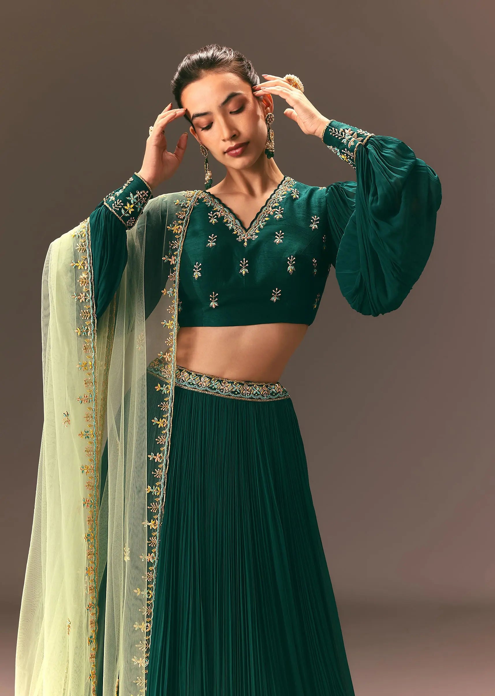 Bottle Green Embellished Ruched Lehenga Set Pehenawa