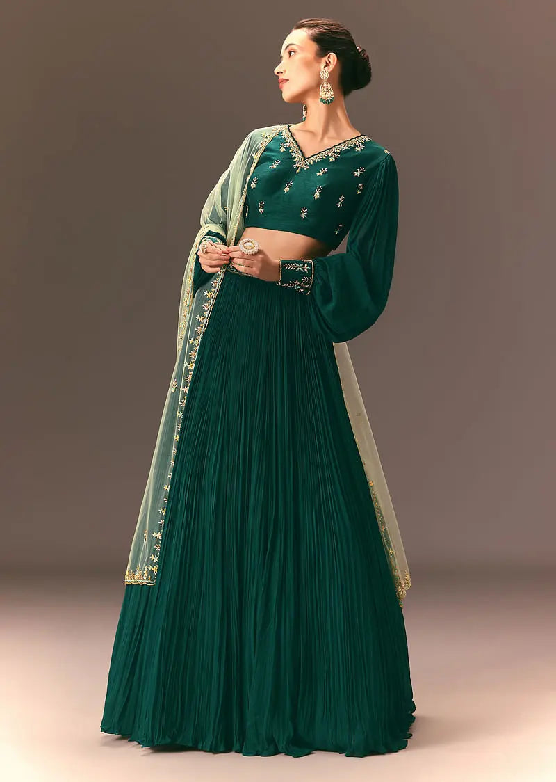 Bottle Green Embellished Ruched Lehenga Set Pehenawa