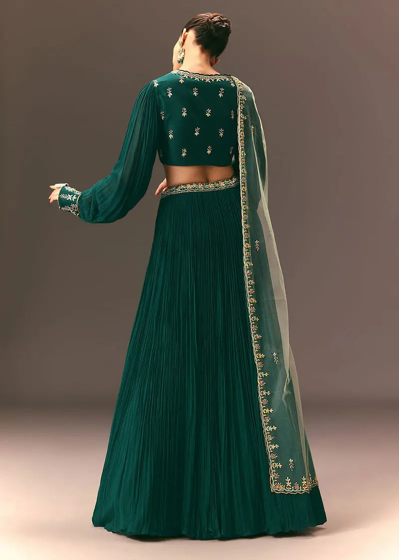 Bottle Green Embellished Ruched Lehenga Set Pehenawa