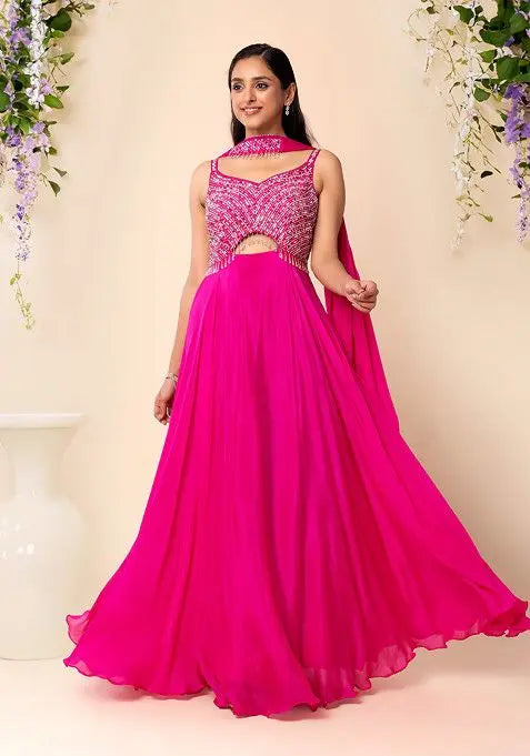 Fuchsia Pink Sequin Embellished Anarkali Gown With Dupatta Pehenawa