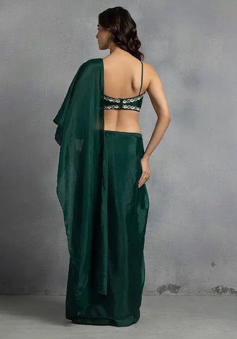 Green Pre-Stitched Saree Set With Abstract Sequin Bead Hand Embroidered Blouse Pehenawa