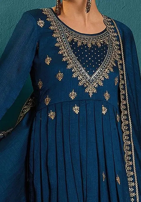 Teal Zari Sequin Embroidered Vichitra Kurta Set Pehenawa