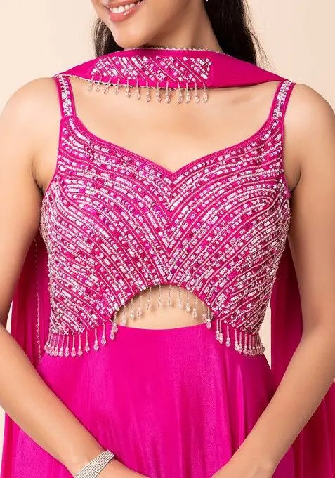 Fuchsia Pink Sequin Embellished Anarkali Gown With Dupatta Pehenawa