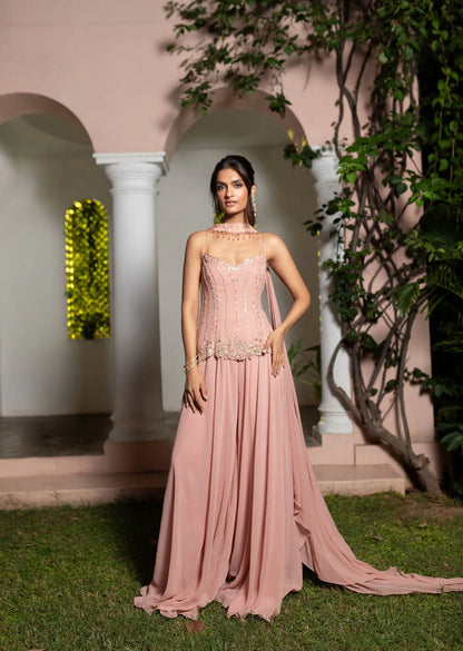 Dusty Pink Hand Embroidered Sharara Suit With Choker Dupatta Pehenawa