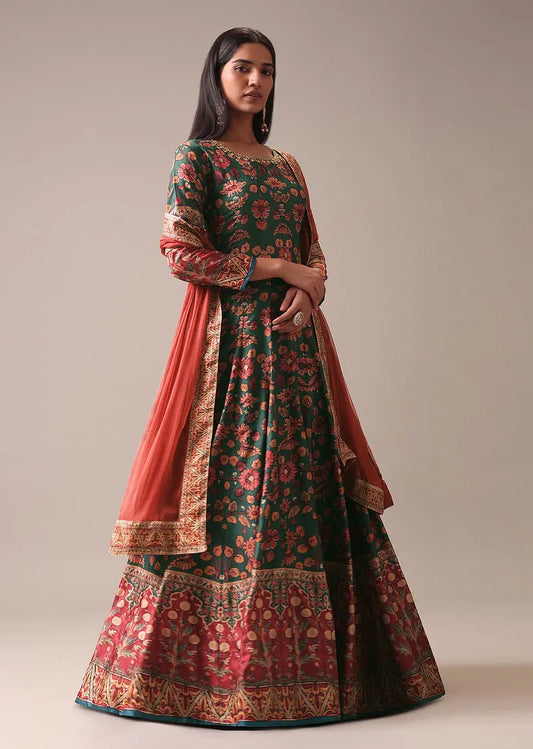 Green Floral Printed Anarkali Suit Set In Silk Pehenawa