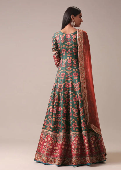 Green Floral Printed Anarkali Suit Set In Silk Pehenawa