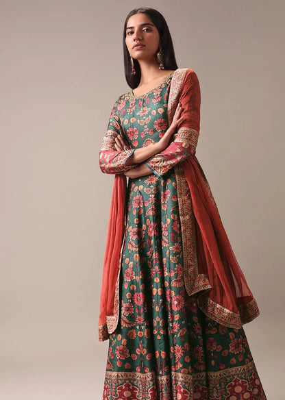 Green Floral Printed Anarkali Suit Set In Silk Pehenawa