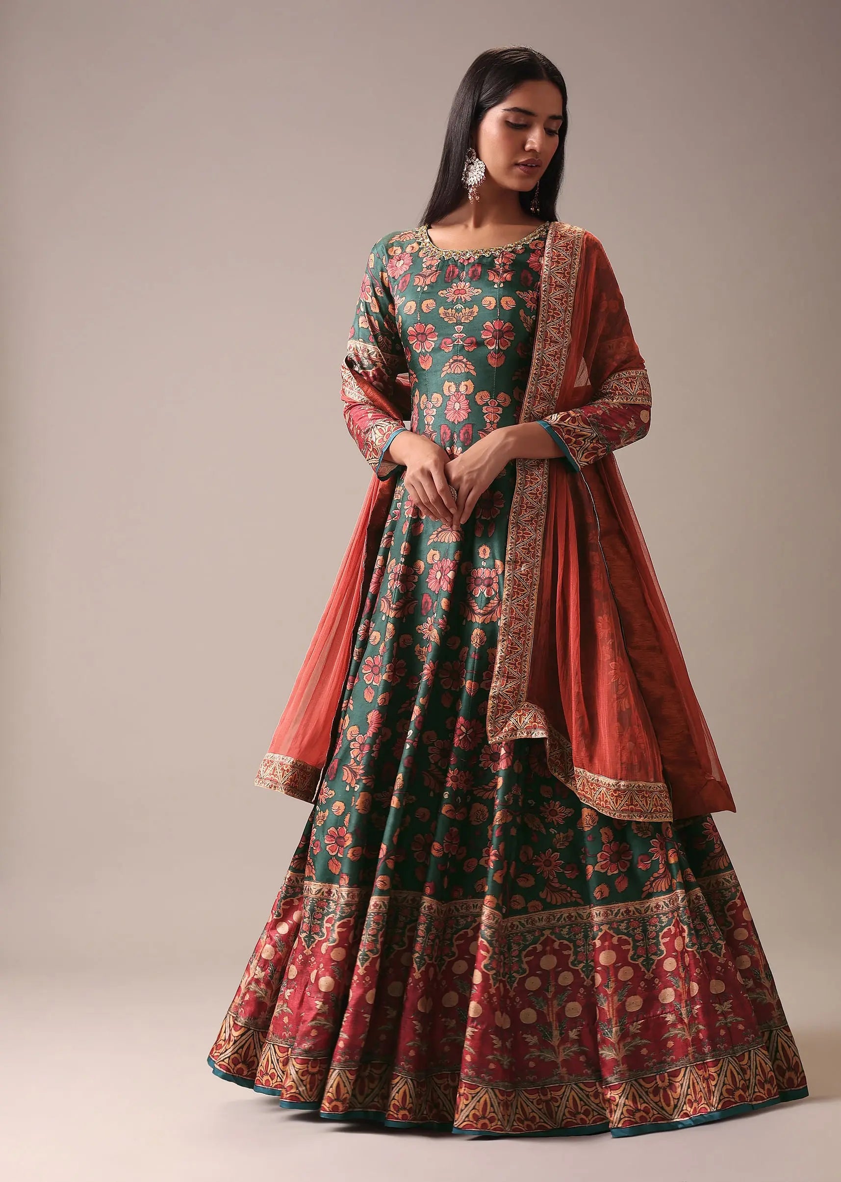 Green Floral Printed Anarkali Suit Set In Silk Pehenawa