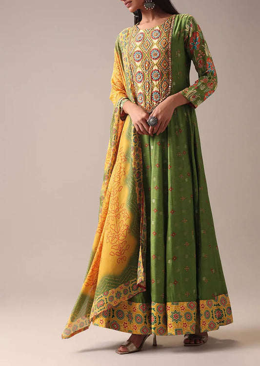 Green Indie Print Anarkali Suit Set In Art Silk Pehenawa