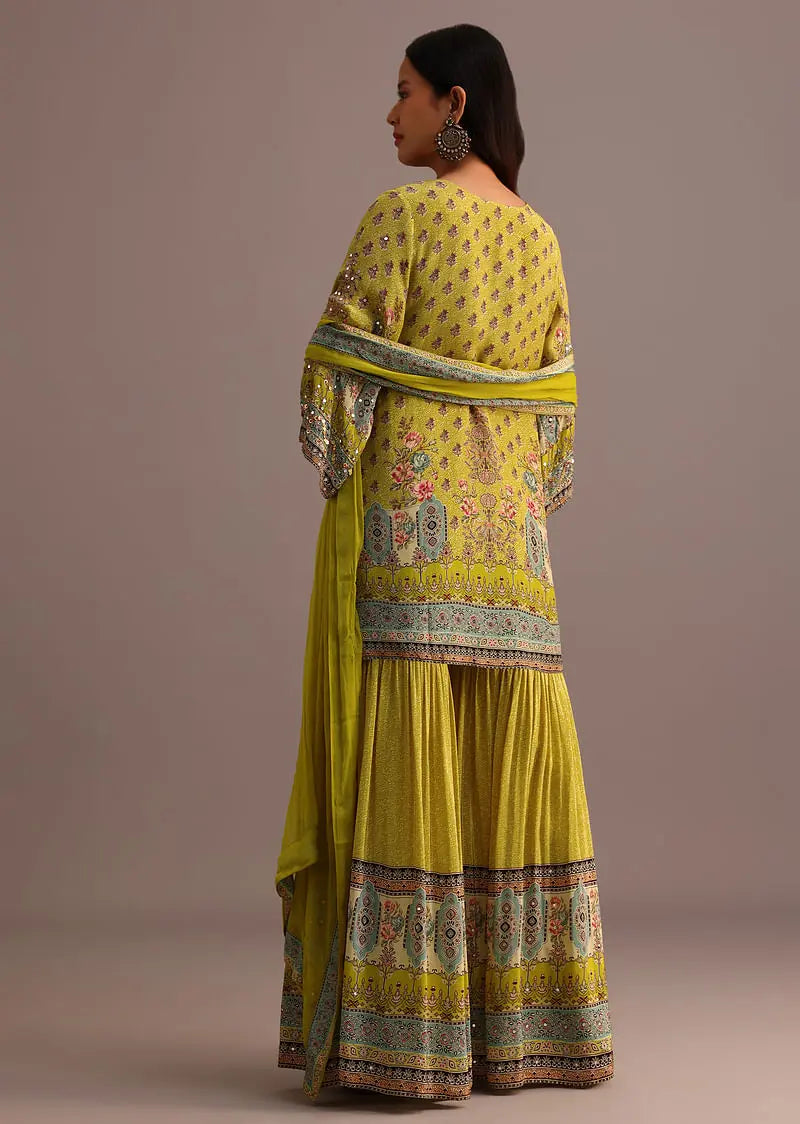 Green Printed Sharara Set With Chiffon Dupatta Pehenawa