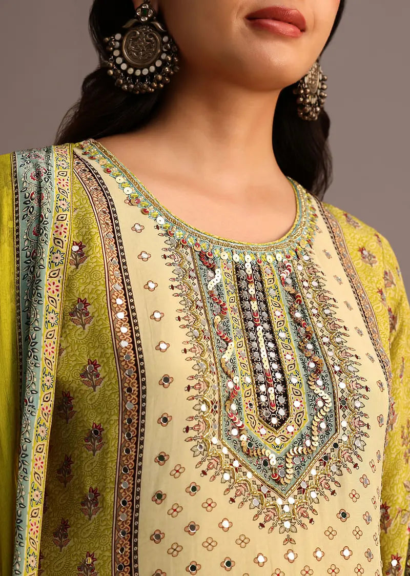 Green Printed Sharara Set With Chiffon Dupatta Pehenawa