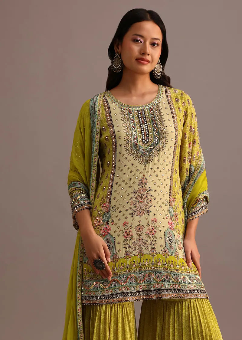 Green Printed Sharara Set With Chiffon Dupatta Pehenawa