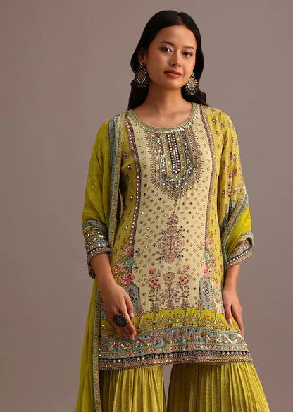 Green Printed Sharara Set With Chiffon Dupatta Pehenawa