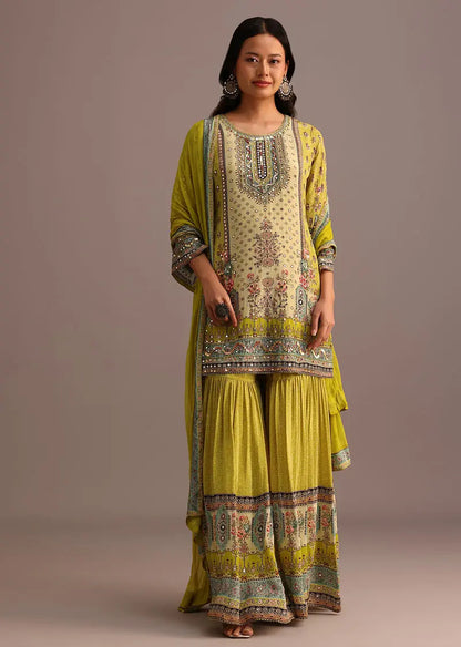 Green Printed Sharara Set With Chiffon Dupatta Pehenawa