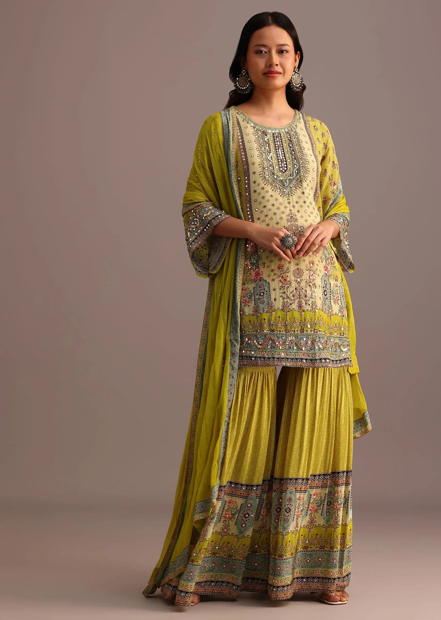 Green Printed Sharara Set With Chiffon Dupatta Pehenawa