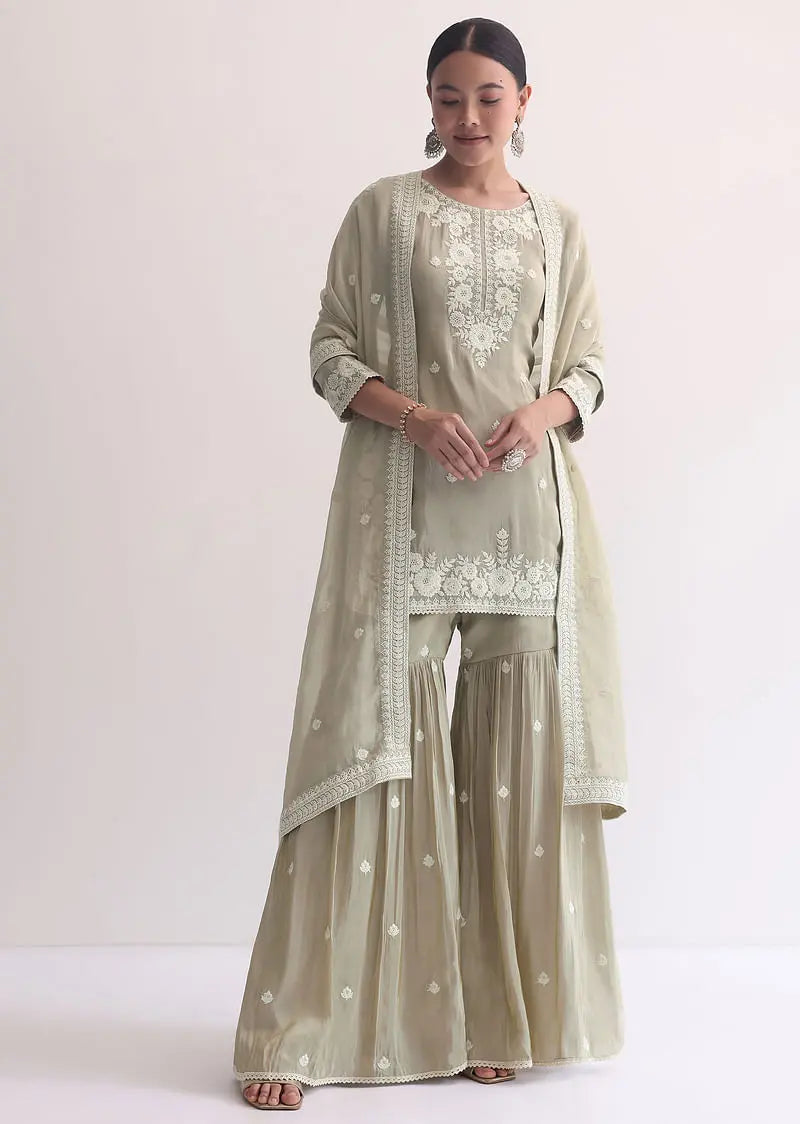 Grey Sequin Embroidered Sharara Set Pehenawa