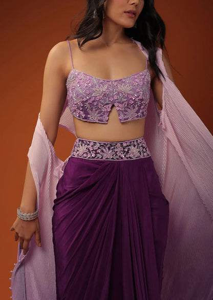 Imperial Purple Dhoti Skirt And A Crop Top In Sequins Embroidery, Paired With A Ombre Extended Jacket In Sleeveless Pehenawa