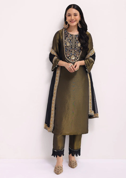 Mehendi Green Sequin Embroidered Tissue Kurta Set With Dupatta Pehenawa