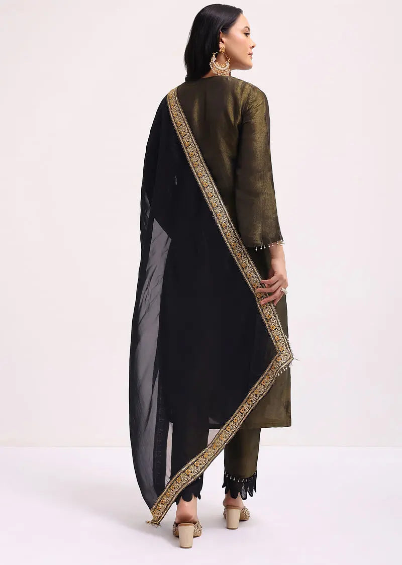 Mehendi Green Sequin Embroidered Tissue Kurta Set With Dupatta Pehenawa