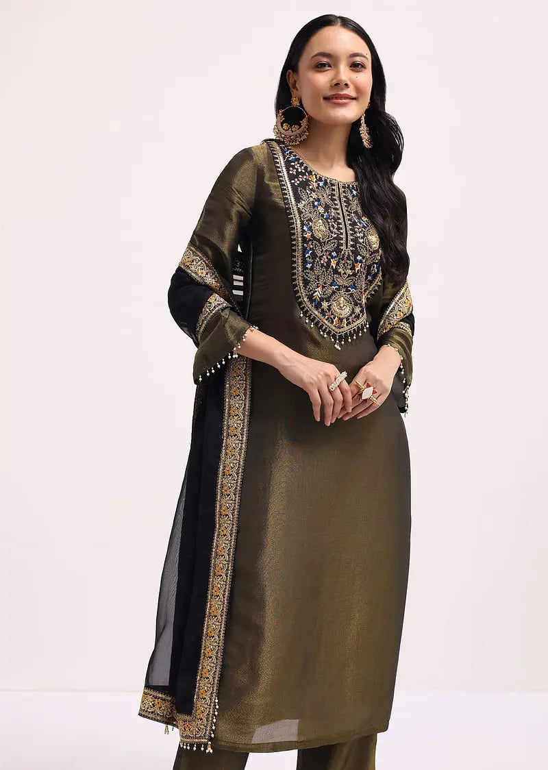 Mehendi Green Sequin Embroidered Tissue Kurta Set With Dupatta Pehenawa