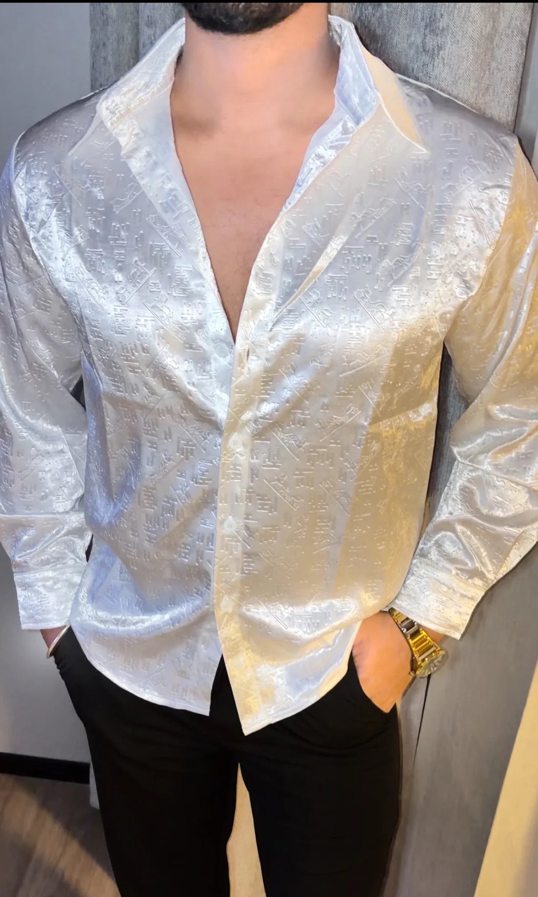 NIGHTSTAND LUXE EMBOSSED ICE SILK LYCRA SHIRT  - SET OF 16 PCS ( M L XL XXL )  x Rs. 1395
