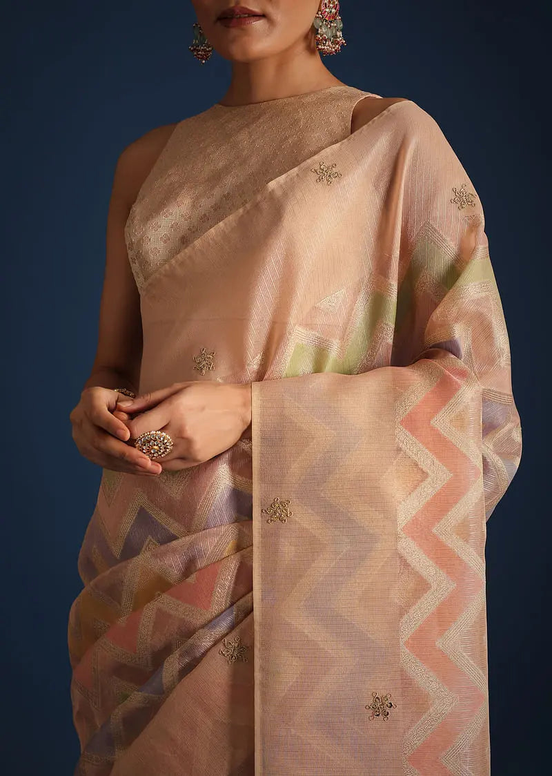 Peach Zardozi Work Tissue Chanderi Rangkart Saree Pehenawa