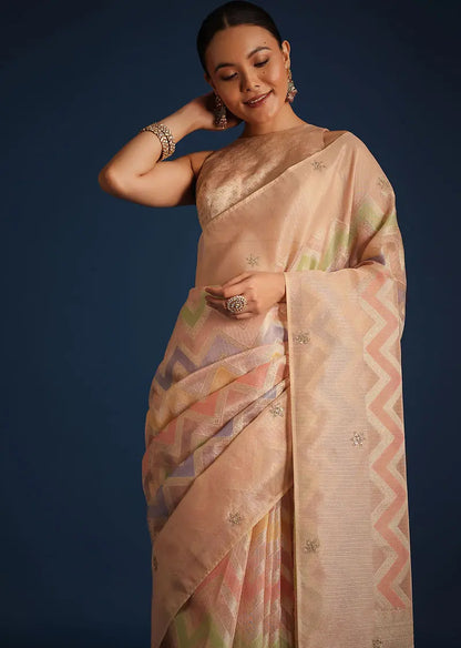 Peach Zardozi Work Tissue Chanderi Rangkart Saree Pehenawa