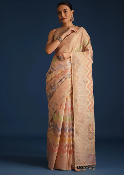 Peach Zardozi Work Tissue Chanderi Rangkart Saree Pehenawa