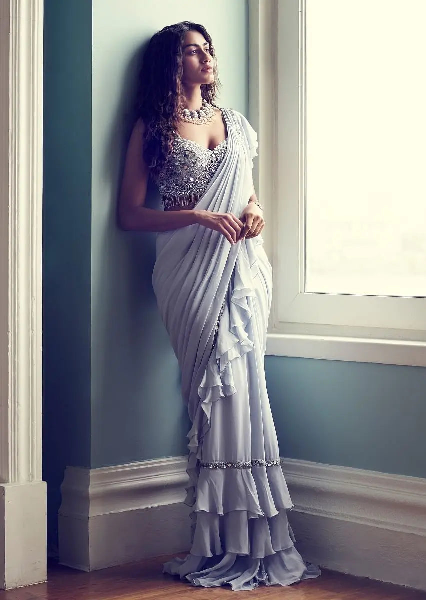 Powder Blue Saree In Georgette With Ready Pleated Ruffle Pallu Pehenawa