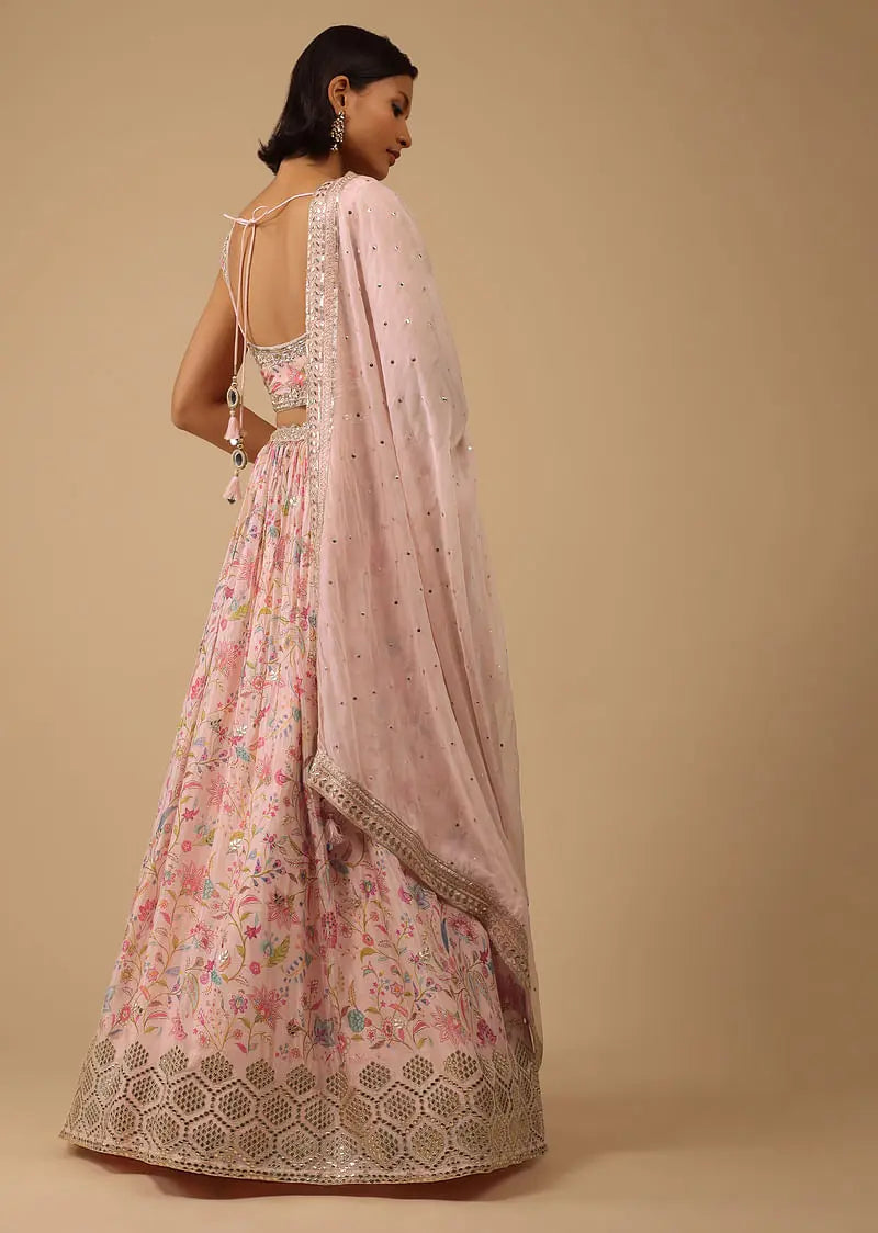 Powder Pink Lehenga Set In Chinon With Floral Print And Gota Work On The Hem Pehenawa