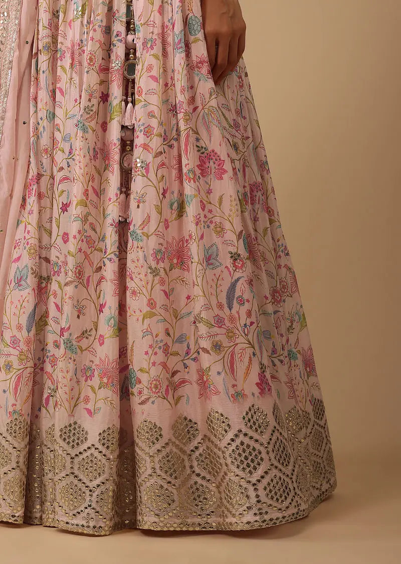 Powder Pink Lehenga Set In Chinon With Floral Print And Gota Work On The Hem Pehenawa