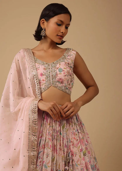 Powder Pink Lehenga Set In Chinon With Floral Print And Gota Work On The Hem Pehenawa