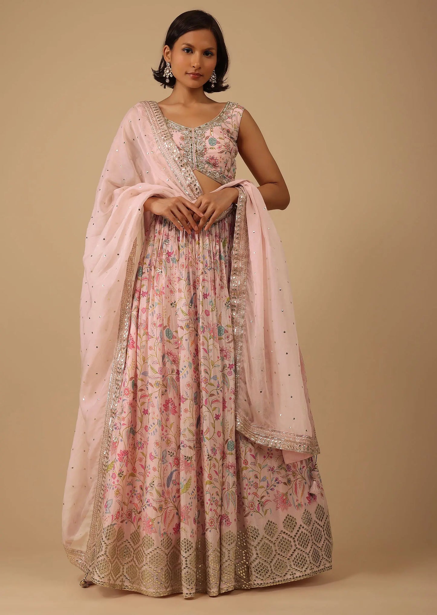 Powder Pink Lehenga Set In Chinon With Floral Print And Gota Work On The Hem Pehenawa