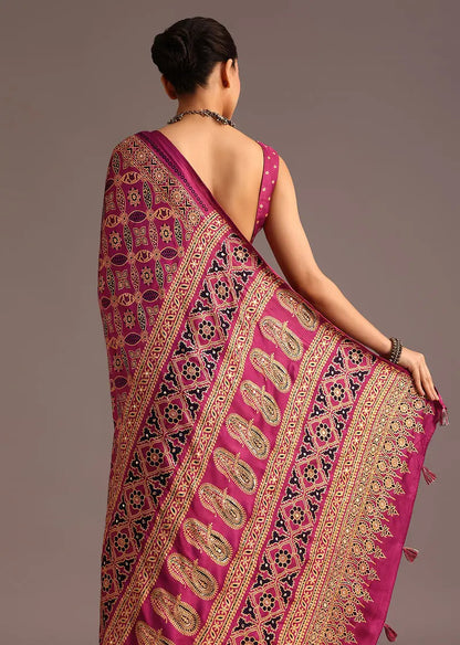 Purple Ajrakh Printed Saree With Mirror Border Pehenawa