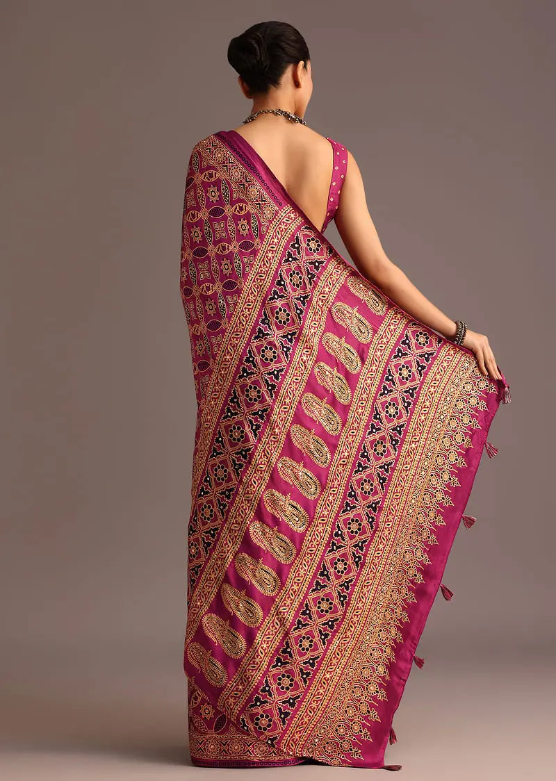 Purple Ajrakh Printed Saree With Mirror Border Pehenawa