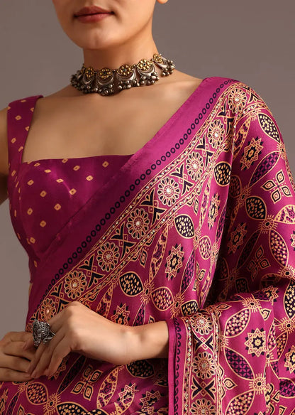 Purple Ajrakh Printed Saree With Mirror Border Pehenawa