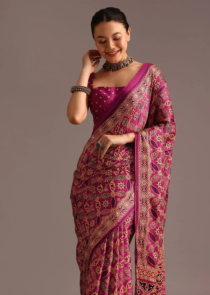 Purple Ajrakh Printed Saree With Mirror Border Pehenawa