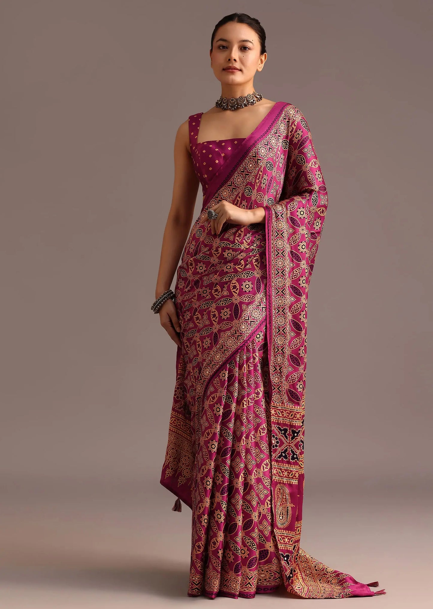 Purple Ajrakh Printed Saree With Mirror Border Pehenawa